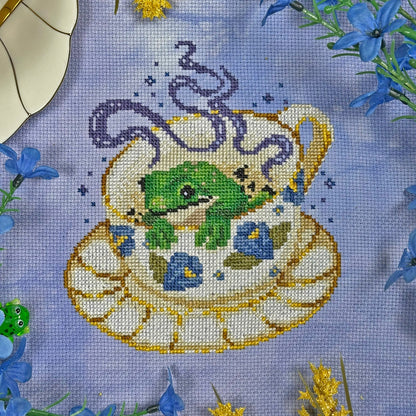 Tea Reading Frog - PDF Cross Stitch Pattern