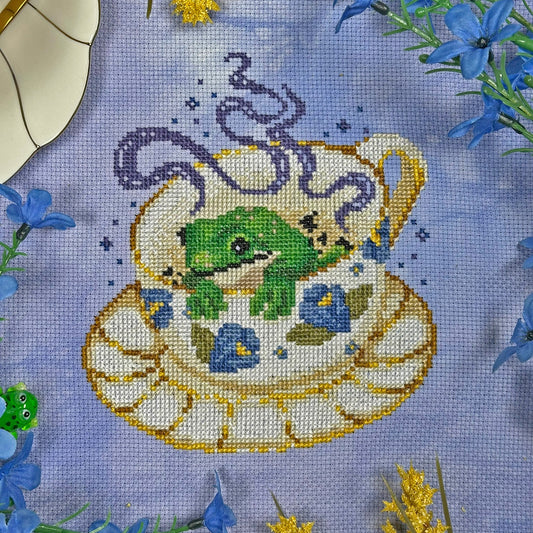Tea Reading Frog - PDF Cross Stitch Pattern