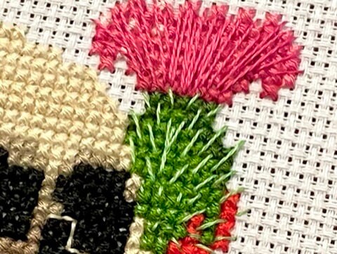 Cross stitch Skull with a bleeding thistle close up